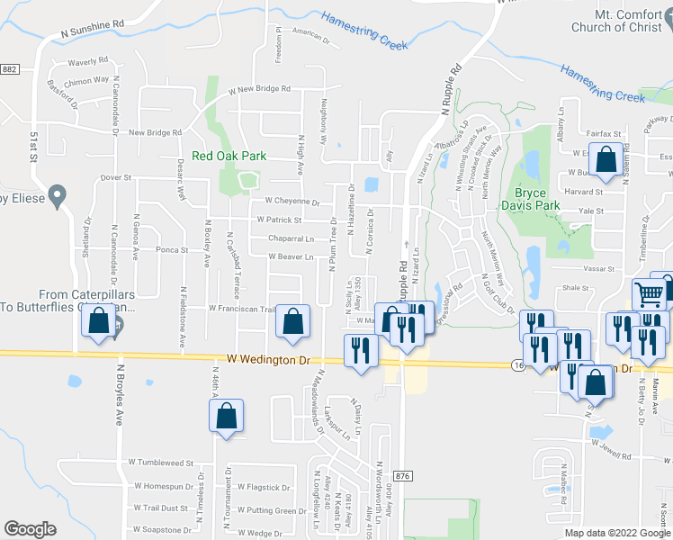 map of restaurants, bars, coffee shops, grocery stores, and more near 1390 North Plum Tree Drive in Fayetteville