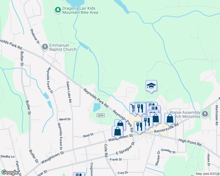 map of restaurants, bars, coffee shops, grocery stores, and more near Prescott Drive in Winston-Salem