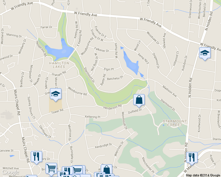 map of restaurants, bars, coffee shops, grocery stores, and more near 4222 Starmount Drive in Greensboro