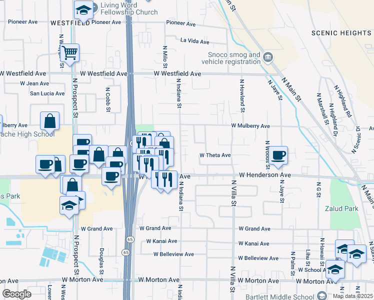map of restaurants, bars, coffee shops, grocery stores, and more near 760 Theta Circle in Porterville