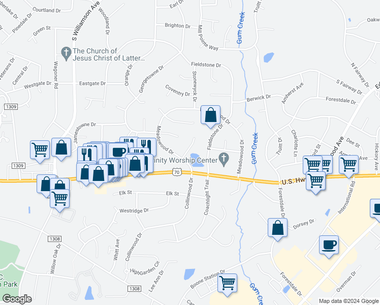 map of restaurants, bars, coffee shops, grocery stores, and more near 3138 Brycewood Place in Burlington
