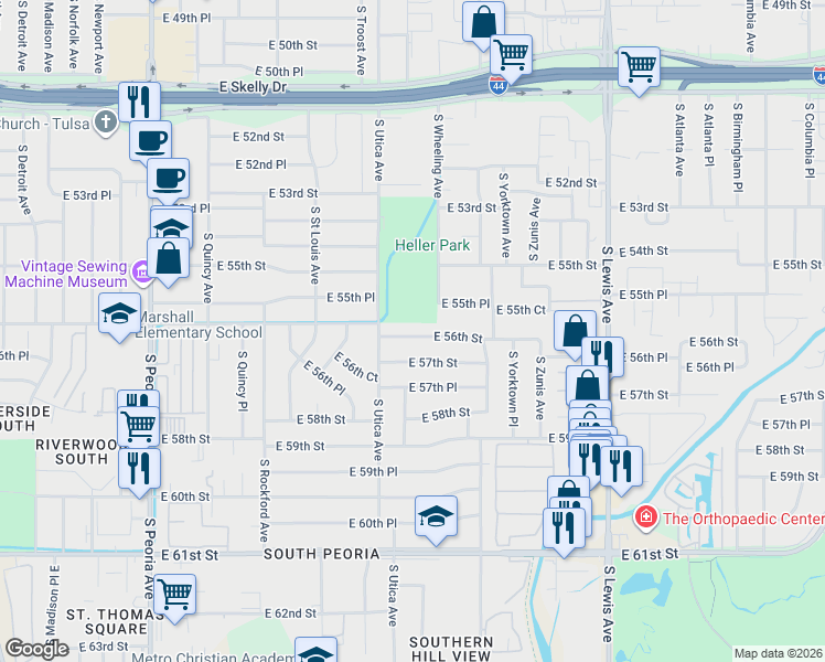 map of restaurants, bars, coffee shops, grocery stores, and more near 1731 East 56th Street in Tulsa