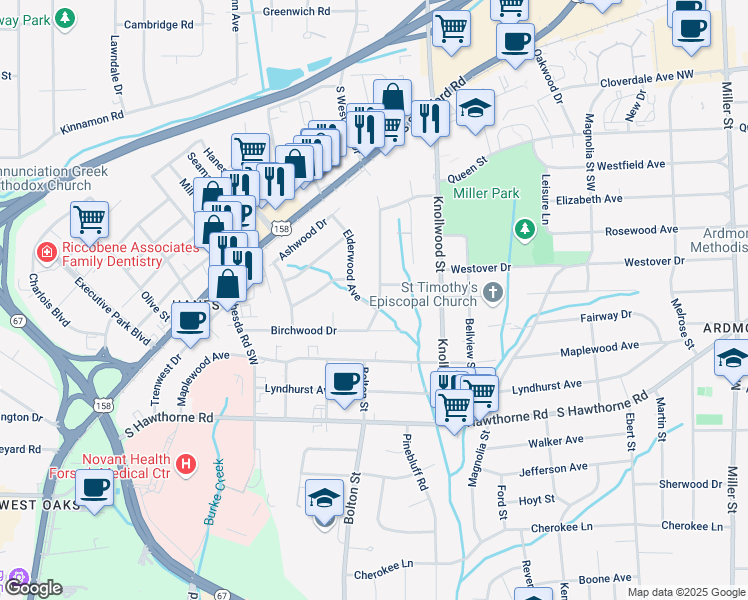 map of restaurants, bars, coffee shops, grocery stores, and more near 800 Westview Drive in Winston-Salem
