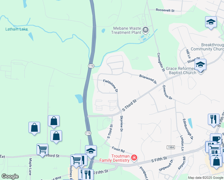map of restaurants, bars, coffee shops, grocery stores, and more near 1108 Sandstone Court in Mebane