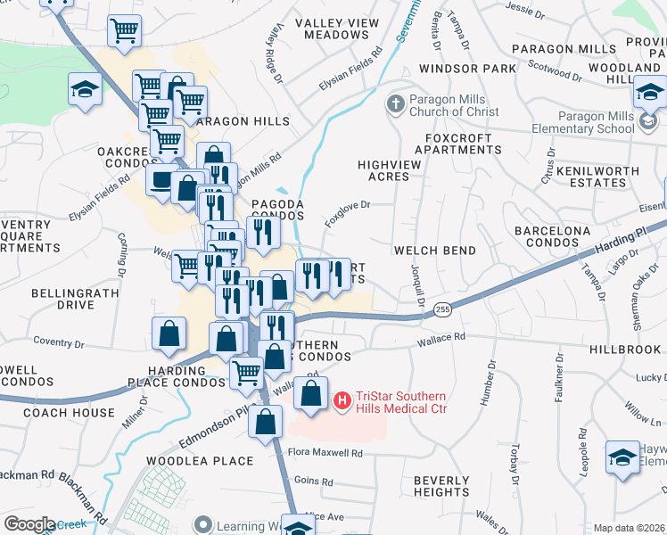 map of restaurants, bars, coffee shops, grocery stores, and more near 247 Welch Road in Nashville
