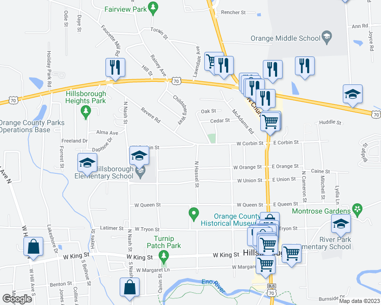 map of restaurants, bars, coffee shops, grocery stores, and more near 305 West Corbin Street in Hillsborough