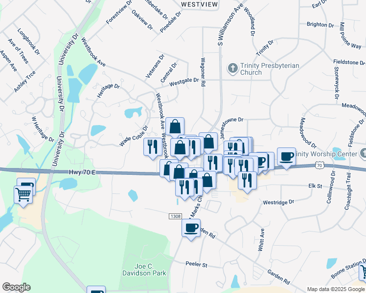 map of restaurants, bars, coffee shops, grocery stores, and more near 1690 Westbrook Avenue in Burlington