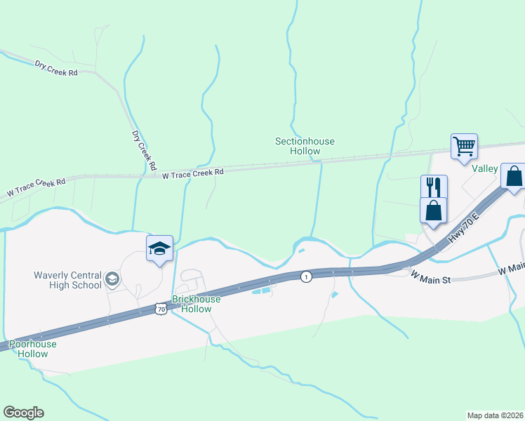 map of restaurants, bars, coffee shops, grocery stores, and more near 2199 West Trace Creek Road in Waverly