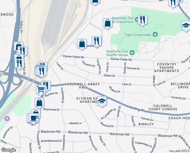 map of restaurants, bars, coffee shops, grocery stores, and more near 605 Elaine Drive in Nashville