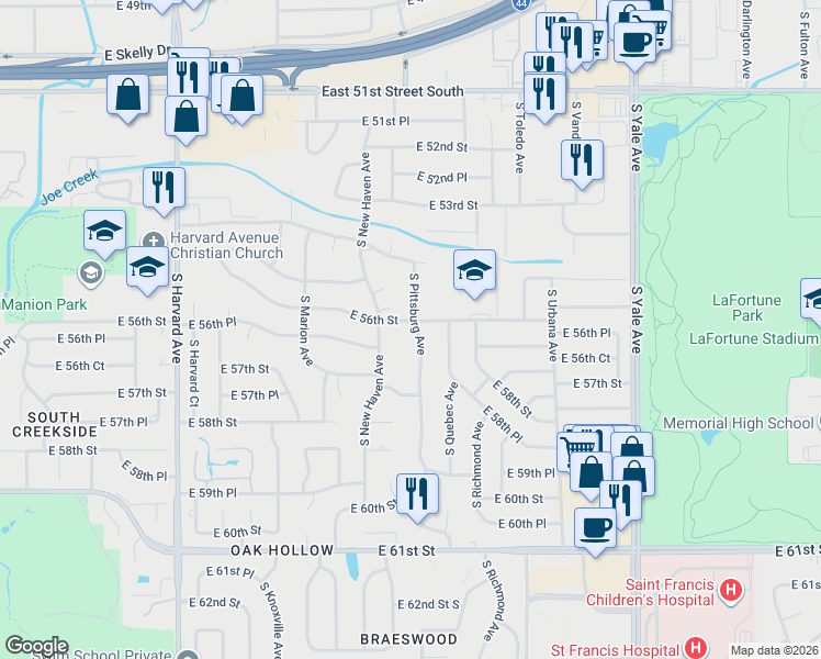 map of restaurants, bars, coffee shops, grocery stores, and more near 5608 South Pittsburg Avenue in Tulsa