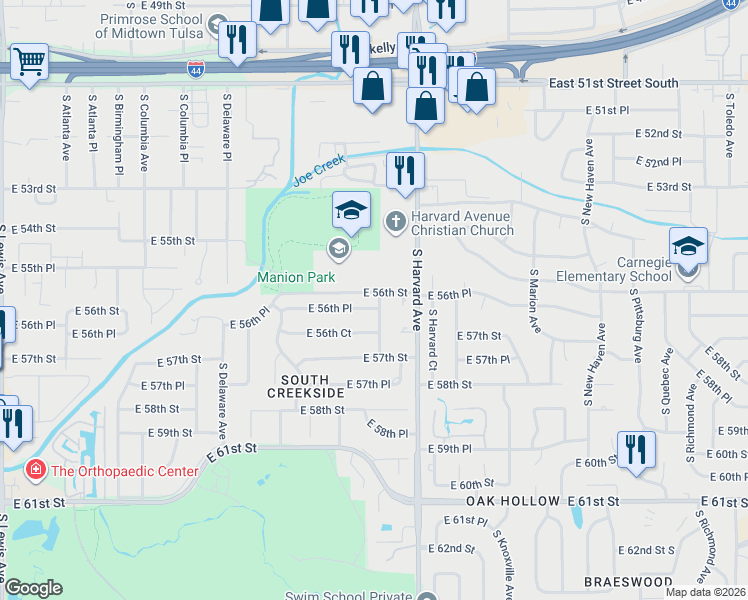 map of restaurants, bars, coffee shops, grocery stores, and more near 2995 East 56th Place in Tulsa
