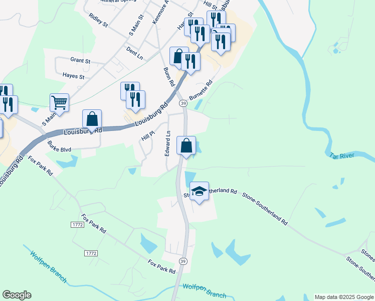 map of restaurants, bars, coffee shops, grocery stores, and more near 307 Edward Lane in Louisburg