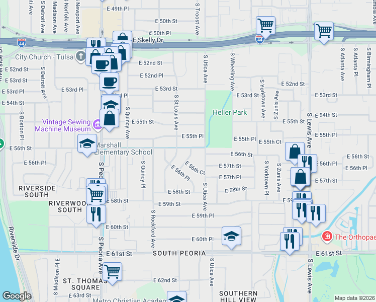 map of restaurants, bars, coffee shops, grocery stores, and more near 5606 South Trenton Avenue in Tulsa