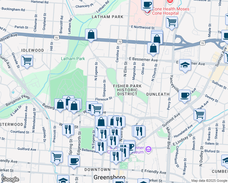 map of restaurants, bars, coffee shops, grocery stores, and more near 422 Fisher Park Circle in Greensboro