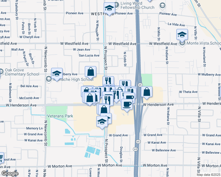 map of restaurants, bars, coffee shops, grocery stores, and more near 1161 Bel Aire Circle in Porterville