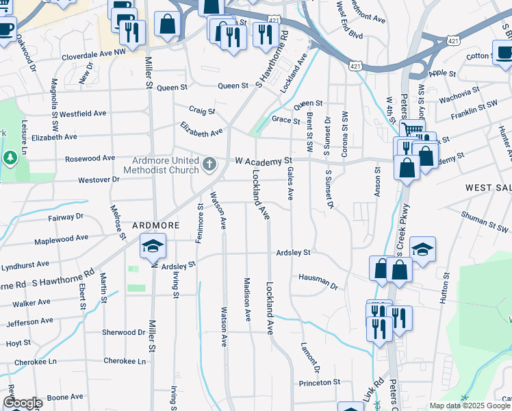 map of restaurants, bars, coffee shops, grocery stores, and more near 1839 Gaston Street in Winston-Salem