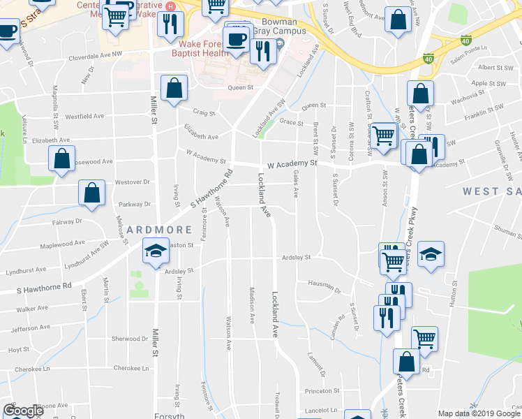 map of restaurants, bars, coffee shops, grocery stores, and more near 800 Lockland Avenue in Winston-Salem