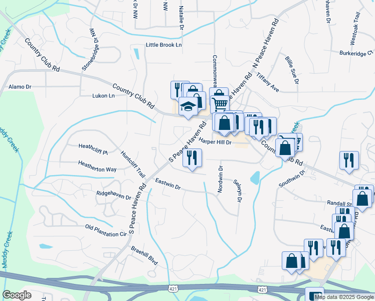 map of restaurants, bars, coffee shops, grocery stores, and more near 127 Chrisfield Circle in Winston-Salem