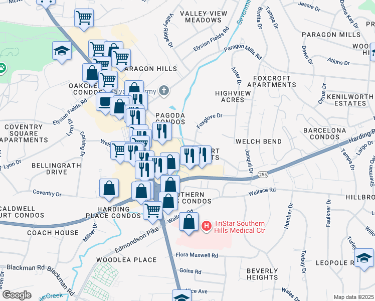 map of restaurants, bars, coffee shops, grocery stores, and more near 350 Foxglove Drive in Nashville