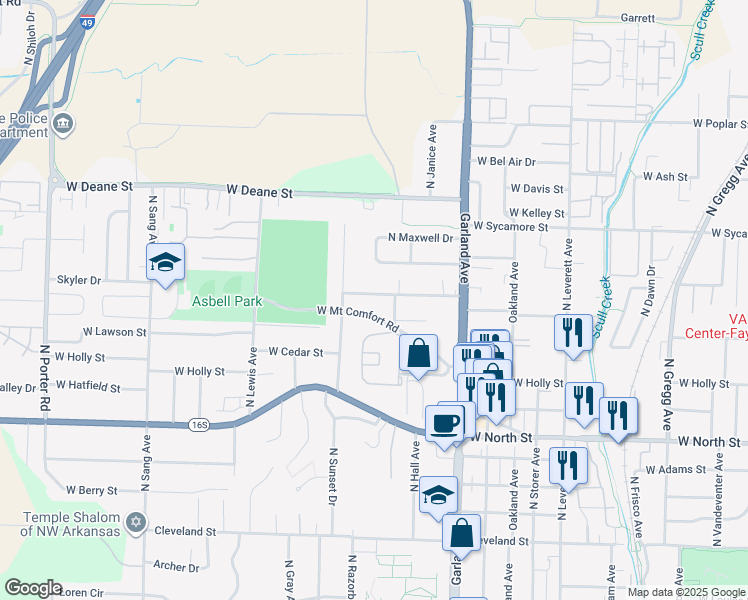 map of restaurants, bars, coffee shops, grocery stores, and more near 1335 West Hendrix Street in Fayetteville