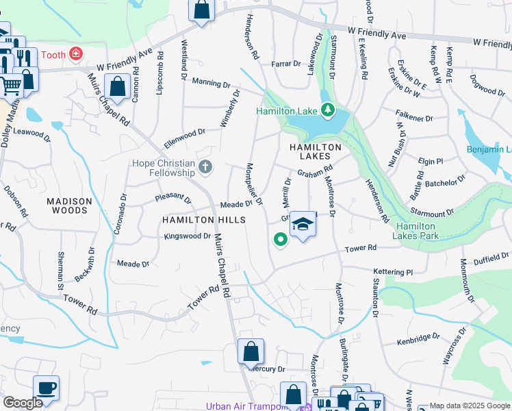 map of restaurants, bars, coffee shops, grocery stores, and more near 911 Meade Drive in Greensboro