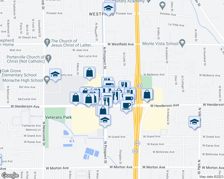 map of restaurants, bars, coffee shops, grocery stores, and more near 1167 Bel Aire Circle in Porterville