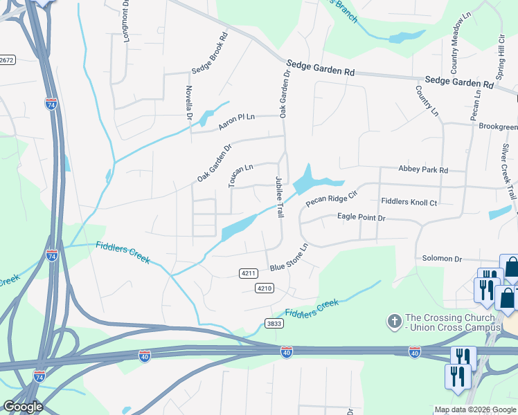 map of restaurants, bars, coffee shops, grocery stores, and more near 1540 Barry Oak Court in Kernersville