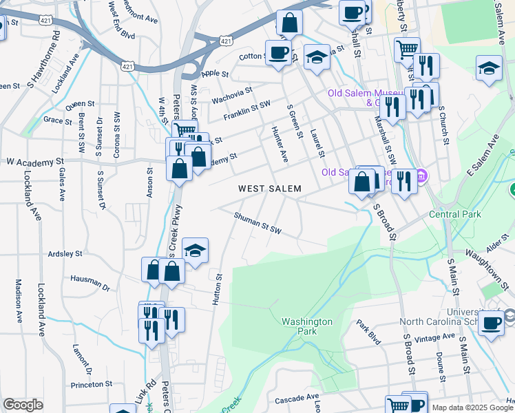 map of restaurants, bars, coffee shops, grocery stores, and more near 816 Holland Street Southwest in Winston-Salem