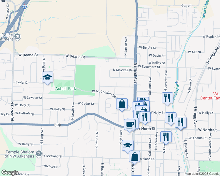 map of restaurants, bars, coffee shops, grocery stores, and more near 1335 West Hendrix Street in Fayetteville