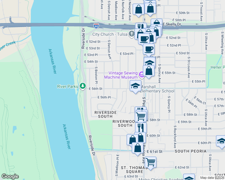 map of restaurants, bars, coffee shops, grocery stores, and more near 5607 South Detroit Place in Tulsa