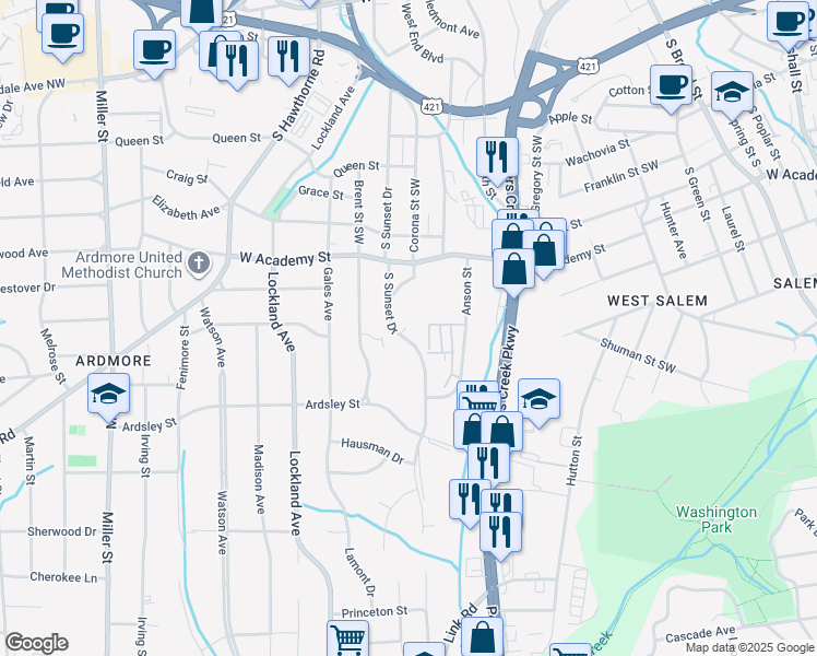 map of restaurants, bars, coffee shops, grocery stores, and more near 701 South Sunset Drive in Winston-Salem