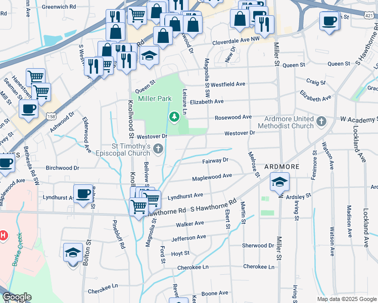 map of restaurants, bars, coffee shops, grocery stores, and more near 725 Magnolia Street in Winston-Salem
