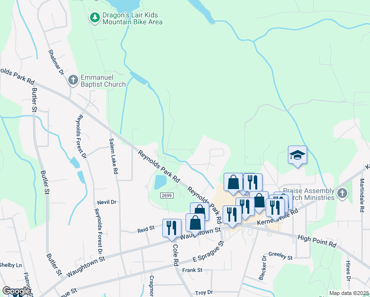 map of restaurants, bars, coffee shops, grocery stores, and more near Prescott Drive in Winston-Salem