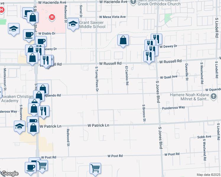 map of restaurants, bars, coffee shops, grocery stores, and more near 6430 West Oquendo Road in Las Vegas