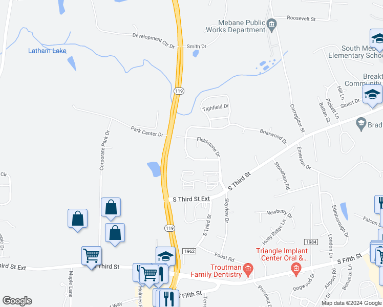 map of restaurants, bars, coffee shops, grocery stores, and more near 1126 Briarwood Drive in Mebane