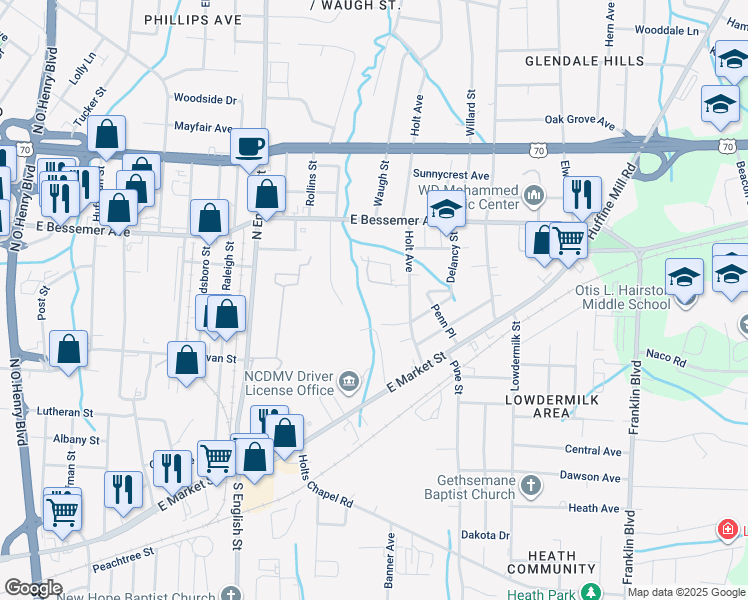 map of restaurants, bars, coffee shops, grocery stores, and more near 3326 Beck Street in Greensboro