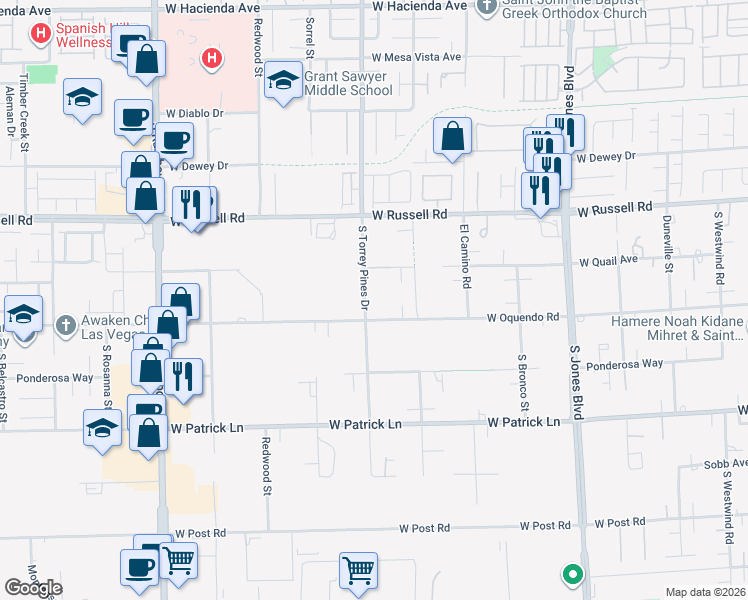 map of restaurants, bars, coffee shops, grocery stores, and more near 5860 South Torrey Pines Drive in Las Vegas