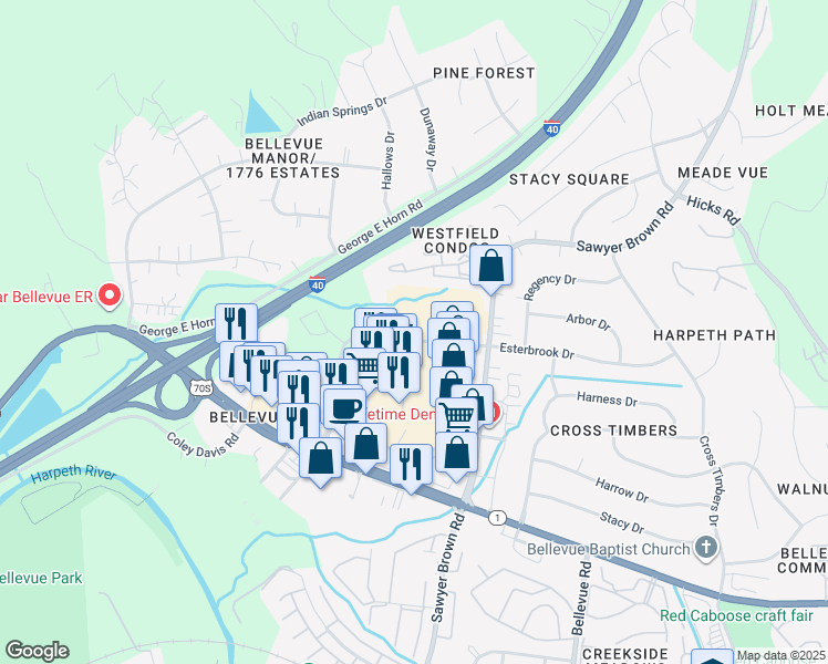 map of restaurants, bars, coffee shops, grocery stores, and more near 8075 Sawyer Brown Road in Nashville