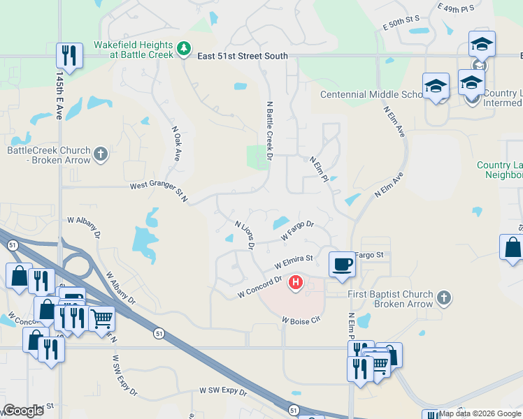 map of restaurants, bars, coffee shops, grocery stores, and more near 1124 West Fargo Lane in Broken Arrow