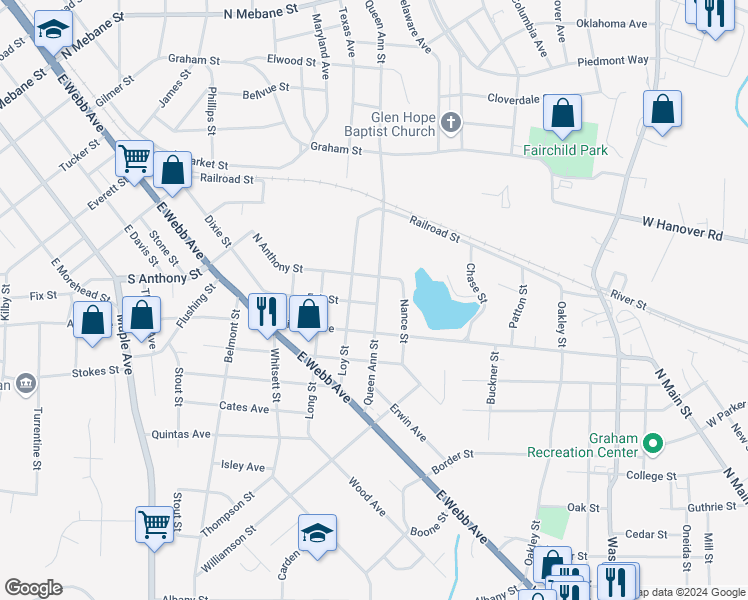 map of restaurants, bars, coffee shops, grocery stores, and more near 1113 Queen Ann Street in Burlington