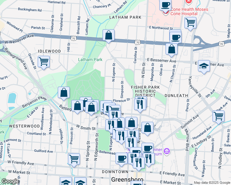 map of restaurants, bars, coffee shops, grocery stores, and more near 818 North Eugene Street in Greensboro