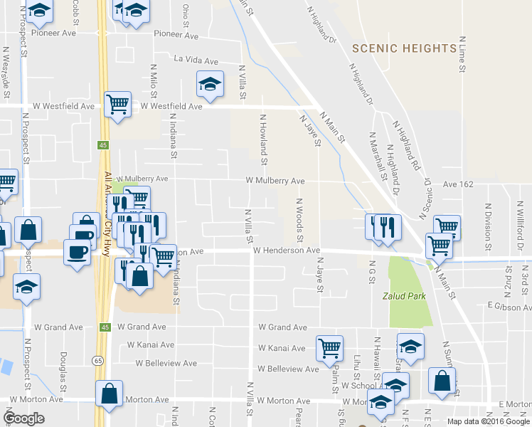 map of restaurants, bars, coffee shops, grocery stores, and more near 553 West Bel Aire Lane in Porterville