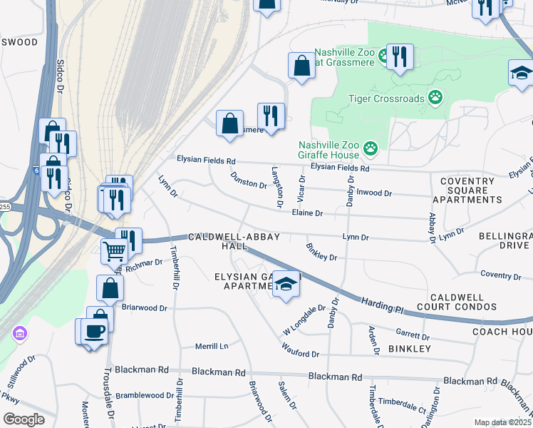 map of restaurants, bars, coffee shops, grocery stores, and more near 605 Elaine Drive in Nashville