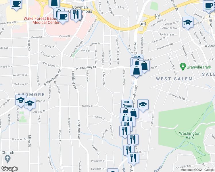 map of restaurants, bars, coffee shops, grocery stores, and more near 701 South Sunset Drive in Winston-Salem
