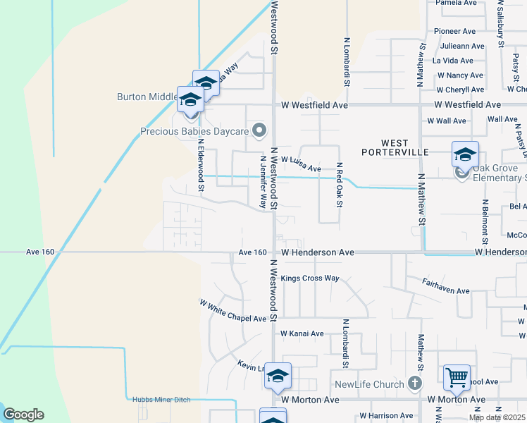 map of restaurants, bars, coffee shops, grocery stores, and more near 901 North Jennifer Way in Porterville