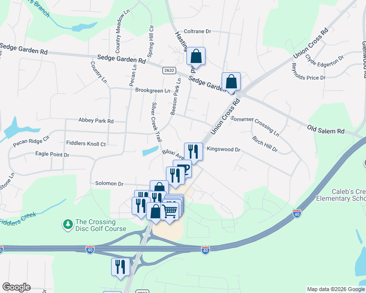 map of restaurants, bars, coffee shops, grocery stores, and more near 180 Beeson Park Court in Kernersville