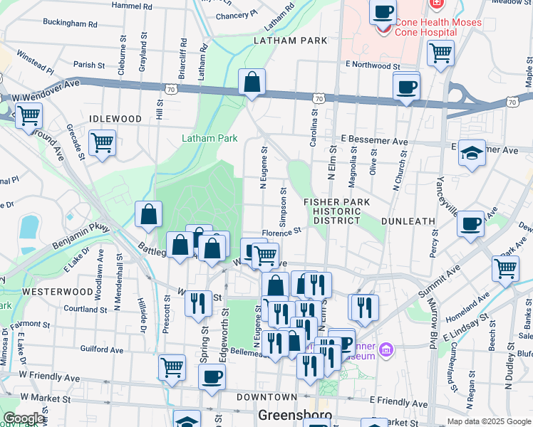 map of restaurants, bars, coffee shops, grocery stores, and more near 818 North Eugene Street in Greensboro