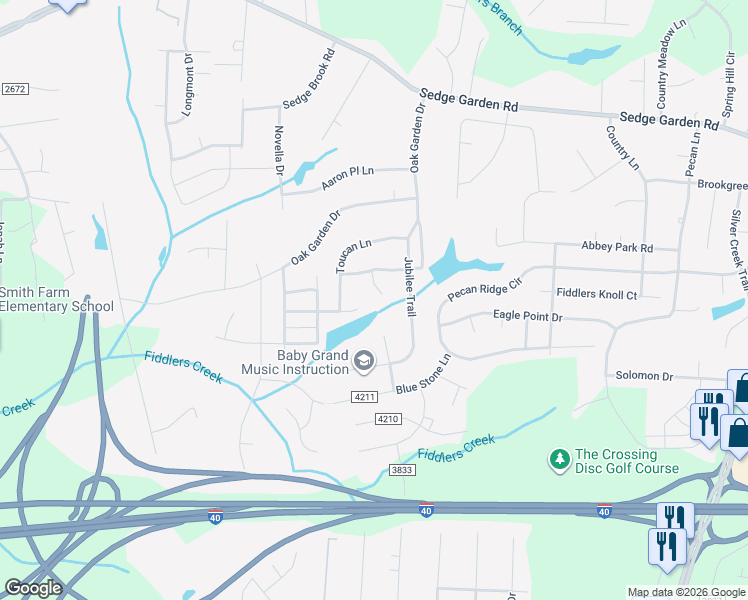 map of restaurants, bars, coffee shops, grocery stores, and more near 1540 Barry Oak Court in Kernersville