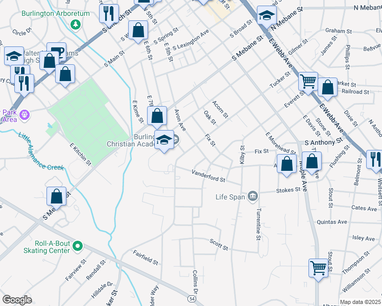 map of restaurants, bars, coffee shops, grocery stores, and more near 810 Tucker Street in Burlington