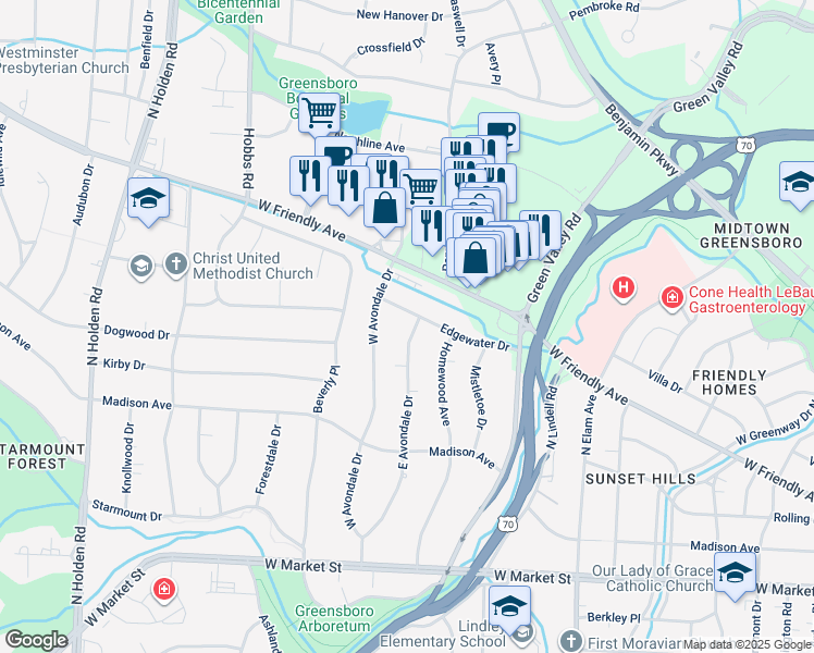 map of restaurants, bars, coffee shops, grocery stores, and more near 3201 Edgewater Drive in Greensboro